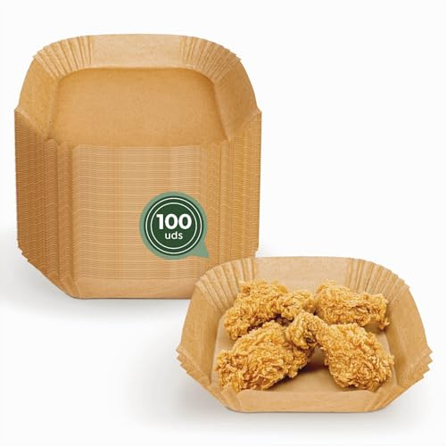MAXI PRODUCTS - 100 Moldes Airflyer Papel Siliconado Cuadrado - 20 x 20 x 4,5 cm (3,5-5 L) - Recipiente Airfryer - Papel Freidora de Aire - Complementos Airfryer - ANTIADHERENTE Y IMPERMEABLE