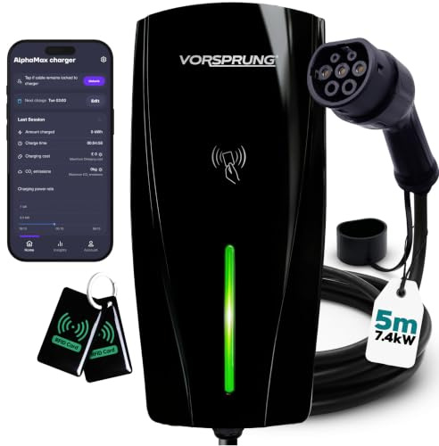 VORSPRUNG® Alpha Max 7.4kW EV Charger | WiFi, Ethernet & RFID | Type 2 | Tethered | Single Phase | Solar Charging | Home EV Charger | IP65, 5m Cable, Variable Power, PEN Protection | 3 Year Warranty