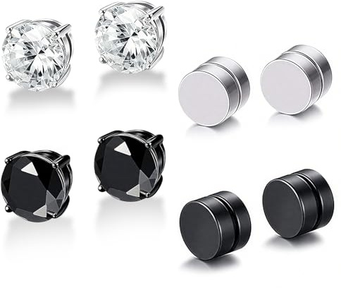 4 Pairs Magnetic Earrings for Men Women, Magnetic Earrings Clip, Black and Silver Non-Pierced Stud, Stainless Steel Fake Earring, Magnet Jewelry for Gifts Women Men Girls Boys Birthdays