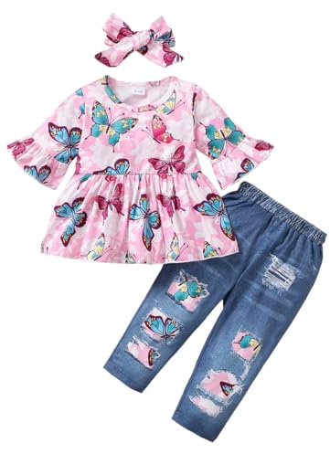 LUVCES Completo per Bambina Manica a Balza a Righe/Floreale Maglietta + Pantaloni con Volant Autunno e Primavera Carino Vestiti Set per Neonati 3Pcs farfalla rosa 18-24 Mesi