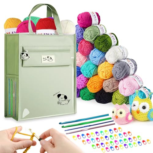 YINVA Crochet Kits for Beginners Adults Yarn Knitting Wool 27 Colors Acrylic Yarn with Aluminum Crochet Hooks Set Storage Case Stitch Markers - Green