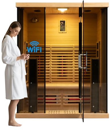 Amocane 2-Person Infrared Sauna WiFi Control, Canadian Hemlock Wooden Indoor Sauna, Full Spectrum Dry Heat Sauna with Front Heated, Personal Luxury Spa for Home & Gym (157x106x200cm)