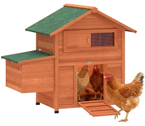 PawHut Pollaio in Legno con Nido, Pollaio per Galline Esterno, Tetto Impermeabile, Vassoio Estraibile, 2 Trespoli, Rampa, Finestra, Casetta per 2 Galline, Anatre, Giardino, 113.5x67.5x95.5cm,Arancione