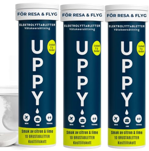 Uppy! Electrolitos Comprimidos efervescentes limón y lima con jengibre, 30 tabletas (3 x 10), solubles en agua, para viajes y deportes