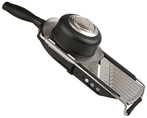 PL8 Professional Slicer - Adjustable 3-in-1 Slicing & Julienne Tool with Stainless Steel Slicing Ramp, Integrated Blades, Safety Hand Guard and soft-grip handle.