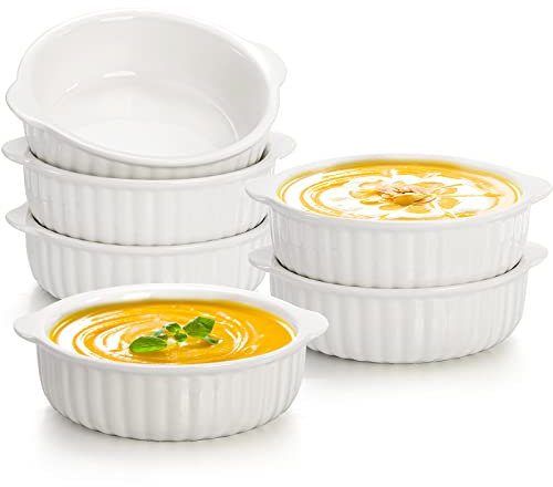 Mezchi 14 oz Porcelain Ramekins Oven Safe, 6 Pack Large Ceramic Creme Brulee Souffle Baking Dishes with Handle, 5 Inch French Onion Soup Bowls for Ramen, Stew, Lava Cakes, Pot Pie, White