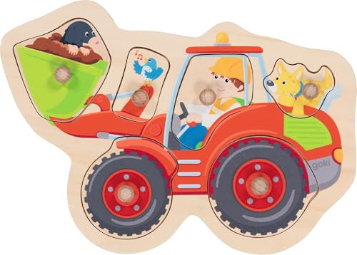 goki 57345 - Steckpuzzle Schauffelbagger aus Holz, Greifpuzzle mit niedlichem Bagger-Motiv und Tieren, Förderung Motorik und Hand-Augen-Koordination, 6er Set, 28cm x19cm, ab 1 Jahr
