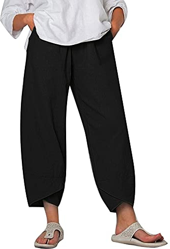Women Baggy Linen Harem Capri Pants Loose Cropped Comfy Elastic Waist Capris Wide Leg Trousers with Pockets (A-Black, XL)