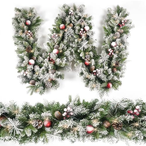 Christmas Garland Flocked 9ft with 50 Lights, Christmas Decor with Pine Cone Red Balls & Berries 50 Light Timer for Mantle Staircase Indoor and Outdoor