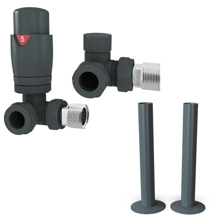 UK Radiators Thermostatic Radiator Valve + 130mm Pipe Sleeves - Energy Saving 1/2 x 15mm Brass Corner Valve - Anthracite Grey Colour