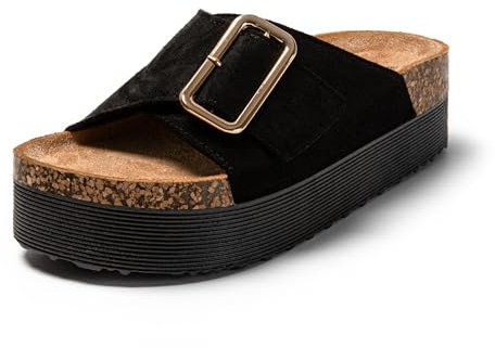 JOMIX Sandalen Clogs Sommer Elegant Slippers Leder Pantoletten Verstellbarer Rieme Damen Plateau Schlappen (Schwarz, 37 EU, SD9168)