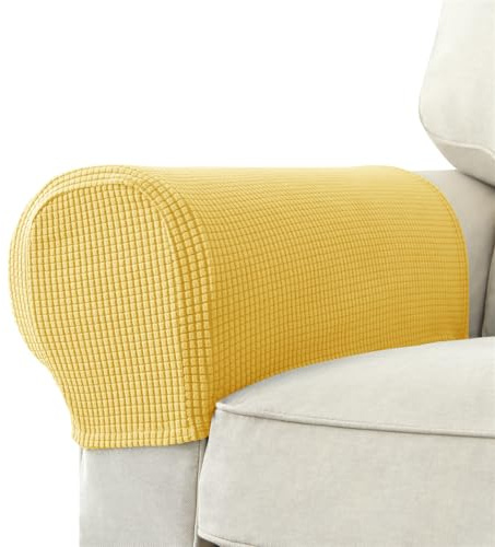 FANSU Armchair Covers for Arms Set of 2 Stretch Armrest Covers Sofa Arm Covers Checked Jacquard Anti-Slip Washable Furniture Protector for Armchair Sofa Couch Recliner Arm Rest (Lemon Yellow)