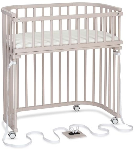 babybay Boxspring Beistellbett aus massivem Buchenholz/kompakt & verwandelbar/Kinderbett Höhe stufenlos verstellbar/mitwachsendes Babybett (beige lackiert) / inkl. Matratze, Gitter, Rollen