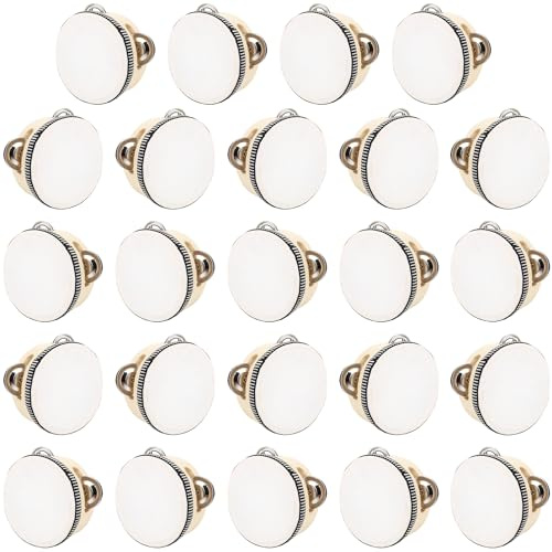 24 panderetas de boda para adultos de 4 pulgadas, tambores de mano de madera natural, tambores de metal con cascabeles, instrumentos musicales, percusión para iglesia, boda, fiesta
