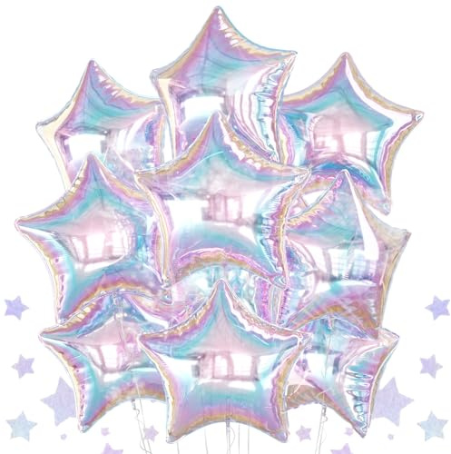 10PCS Iridescent Laser Star Foil Balloons, Transparent Laser Foil Stars Shape Balloons, 18 Inch Colorful Stars Balloon Aluminum for Birthday, Baby Shower, Wedding Party Decoration
