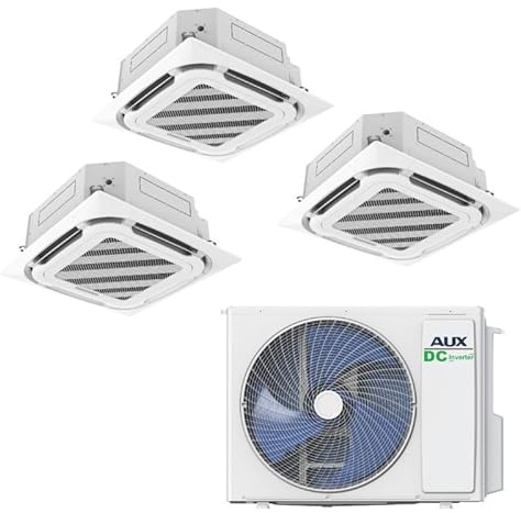 Juego de aire acondicionado AUX A++ con 3 cajas de techo de 12000 BTU (3,5 kW cada uno) + unidad exterior 36000 BTU (10,5 kW) – Refrigerante R32 – Blanco – Aire acondicionado split para 3 habitaciones