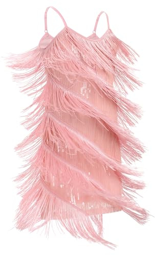 FYMNSI Latin Dance Dress for Girls Salsa Tango Jazz Ballroom Dancing Outfit Kids V-Neck Sparkly Sequin Tassel Fringed 1920s Flapper Dresses Stage Performance Competition Dancewear Pink 7-8 Years