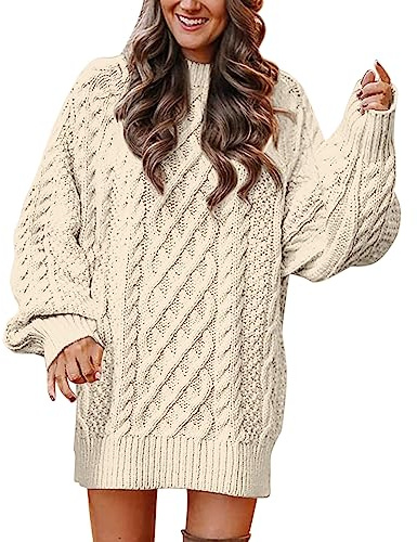 Ydsxlp Pull Long Chunky en Tricot Torsadé pour Femme Élégant Uni à Manches Longues Robe Pull Décontractée à Col Rond Pull Chunky Tricoté Grande Taille Pull Ample Confortable et Chaud pour l'Hiver