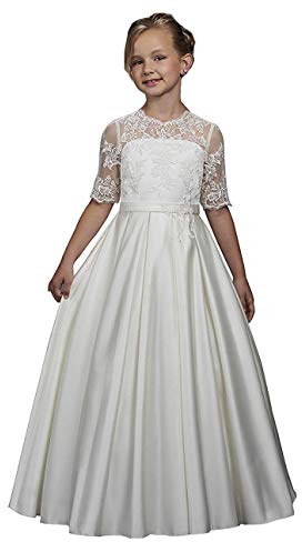 Hongyangjing Abito da Prima Comunione da bambina, a mezza manica, in raso di pizzo, formale, bianco, con fiori, per matrimonio in chiesa, bianco, 12-13 Anni