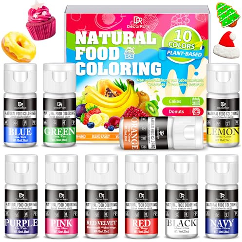 Natural Food Colouring, 10 Colours Bright Food Colouring Liquid Food Dye, Plant Based Food Coloring for Baking, DIY Cake Making, Cookie Decorating, Donut, Cream, Fondant, Candy, Water & Soap