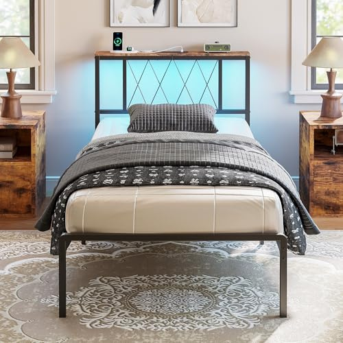 IRONCK Single Bed Frame, Headboard with Charging Station/LED Lights, 3ft Metal Bed Frame with Storage, Solid and Stable, Noise Free, No Box Spring Required, Easy Assembly