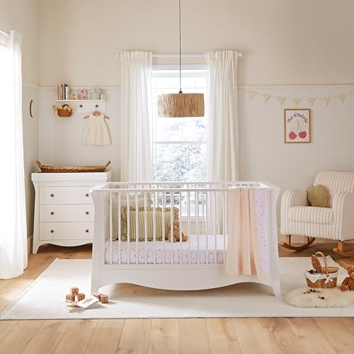 CuddleCo Clara Nursery Furniture Set in White | Convertible Baby Cot Bed, Baby Changing Table with Drawers and Kids Wardrobe (2pc)