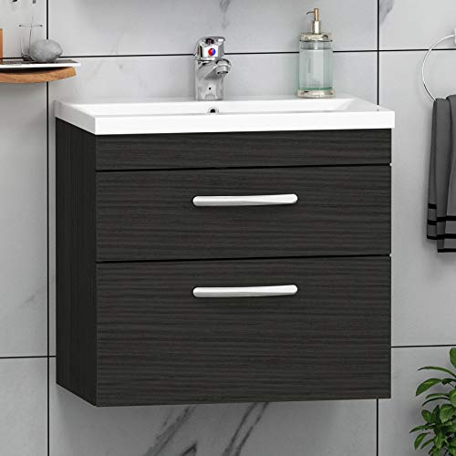 Royal Bathrooms 600mm Wall Hung Bathroom Vanity Unit Mid Edge Basin 2 Drawers Storage Cabinet Furniture - Hale Black
