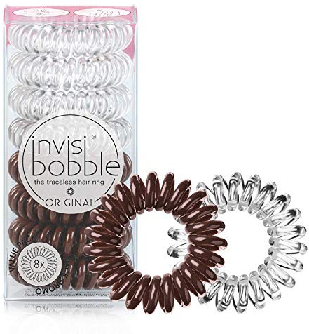invisibobble Original Traceless Spiral Hair Ties - Pack of 8, Crystal Clear and Pretzel Brown - Strong Elastic Grip Coil Accessories for Women - Non Soaking - Gentle for Girls Teens and Thick Hair