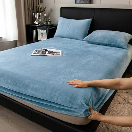 Boqingzhu Flauschige Plüsch Spannbettlaken 140x200cm Blau Hellblau Winter Warm Flanell Fleece Biber Samt Cashmere Touch Spannbetttuch Kuschelig Bettlaken für 25 bis 30cm Matraze