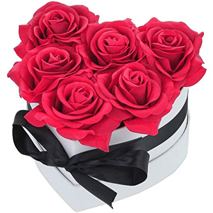 Relaxdays Bouquet Rose Eterne, Box a Cuore, Mazzo 6 Fiori Finti, Idea Regalo Romantica, Scatola Flowerbox, Bianco Rosso, Poliestere, 12 x 16 x 12 cm