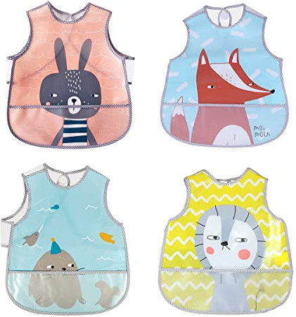 Irypulse Baby Lätzchen ​Wasserdichte 4 Stück Kleinkind Ärmellätzchen 0-3 Jahre Kinder Ärmellos Schürze Fütterung Spielen Malerei - F