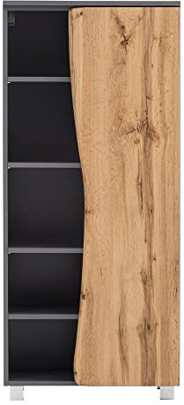 Lomadox Badezimmerschrank 60 cm breit in Graphit mit Front in Wotan Eiche Nb. mit Baumkantenoptik, B/H/T: ca. 60/130/35 cm