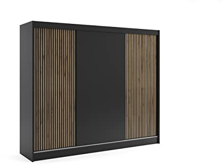 ALTDECOR Kleiderschrank mit Lamel-Schiebetüren, Führungsschienen und Aluminium- Leisten, LED-Beleuchtung und Fernbedienung - VILAN - 250 cm Schwarz + Lamelle Eiche Wotan