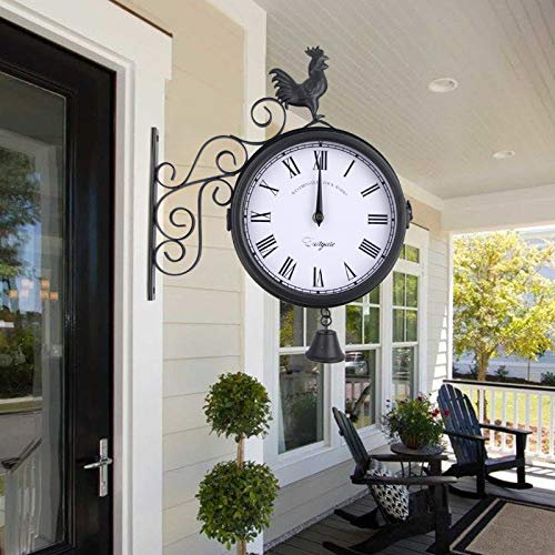 Aohuada Retro Garten Wanduhr Doppelseitige Bahnhofsuhr Wasserdicht Wanduhr Hängende Rund Dekoruhr mit Wandhalterung für Zimmer Haus Außenbereich Schwarz 30x9x37cm