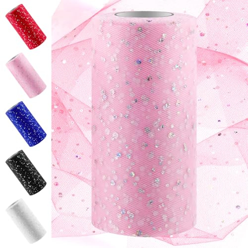 Swpeet - Rotolo di tessuto in tulle glitterato da 15,2 cm x 45,7 m, bobina di nastro in tulle scintillante, bobina in rete di poliestere
