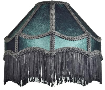 Handmade Victorian Empire Pendant Lamp Shade in Emerald Green Velvet with Embroidered Trims and Tassels | 30cm x 19cm | for Pendant Floor or Table Lamp by Happy Homewares