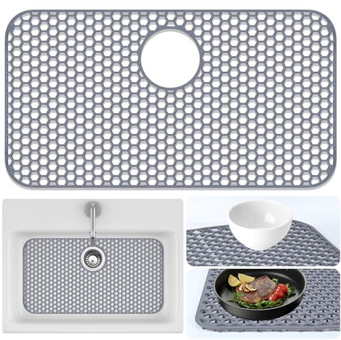 Inchoco Sink Protectors Mat - 25.79x13.98 Kitchen Sink Pad for Bottom of Basin for Protection of Stainless Steel and Tableware, Farmhouse Rubber Basin Mat Protector with Rear Drain - Light Gray