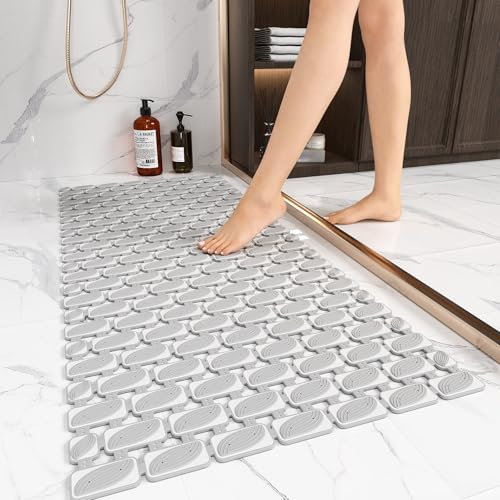 XIYUNTE Large Shower Mat Non Slip Anti Mould for Elderly- 90 x 40cm Non Slip Shower Mat for Inside Shower, Non Slip Bath Mat with Suction Cups & Drain Holes, Cut-to-Fit Bathtub Mat, Grey