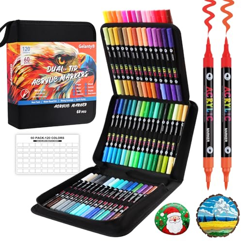 120 Colores Rotuladores Acrilicos, 60 Unidades de Rotuladores de Doble Punta y Doble Color Marcadores Acrílicos con 12 colores metálicos para Pintar Rocas, Madera, Cerámica y Libros para Colorear.