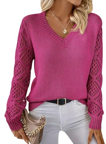 Jersey Cuello V Mujer Jerséis Mujer Pullover Sweater Women Sueter Punto Mujer Manga Larga Invierno Primavera Jerseys Mujeres Jersey de Cuello Pico Fino Punto Señora Suéter Tejido para Mujer Rosa M