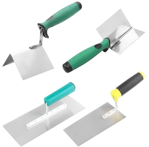 4 Pezzi Frattazzo per Rasatura Set, 2 × Cazzuole Lisce + 2 × Cazzuole Angolari, Cazzuola Muratore in Acciaio Inox, Frattazzo per Stucco con Impugnatura Antiscivolo, per Intonaco (Argento)