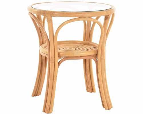 Krines Home Rattantisch klein Ø 56 cm mit Glasplatte Beistelltisch rund Wohnzimmertisch Kaffeetisch (Honig, Ø56cm)