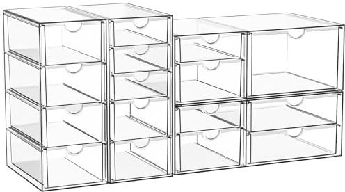 Set von 4 Kosmetik - und Schreibtischorganisatoren mit 16 Schubladen - Durchsichtige, staubdichte Aufbewahrung für Kosmetika, Schmuck, Stifte & Schreibwaren