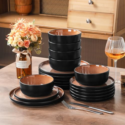 vancasso Amber 18 Pieces Dinner Set for 6, Reactive Glaze Stoneware Plates and Bowls Set, Red Crockery Set with Dinner Plates, Dessert Plates & Cereal Bowls, Microwave & Dishwasher Safe