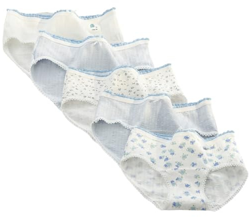 Lot de 5 culottes mignonnes en coton pour femme - Style japonais kawaii - Taille mi-haute - Couverture complète - Doux - Imprimé floral - Bordure à volants - Confortable - Pour le quotidien, #1, M