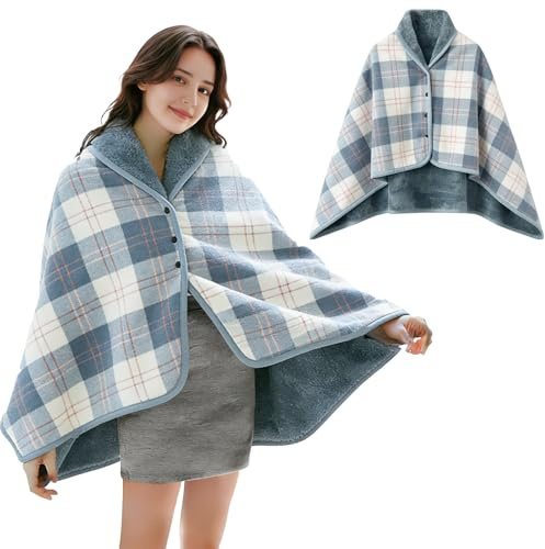 GHUAP Poncho da Donna Mantello, Poncho Pile Donna da Casa, Mantello Caldo Invernale Donna, Coperta Calda Invernale, Coperta da Indossare, Mantello Scozzese con Bottoni (Blu)