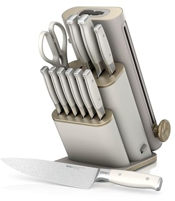 Ninja StaySharp 13-Piece Knife Block Set with Removable Knife Sharpener | Rust-Resistant German Stainless Steel, Includes Kitchen and Herb Scissors, Stone Gold NK32013EUUKSD1