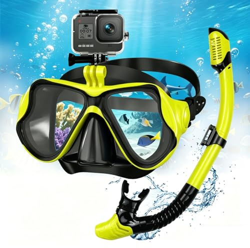 Shyllin Maschera Snorkeling, Maschera Subacquea Adulti con Supporto per Fotocamera, Set per Snorkeling con Maschera e Snorkel,180° Panoramici Anti-Appannamento Vetro Temperato Nuoto (Giallo)