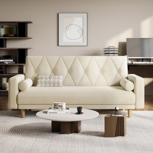 Yaheetech Convertible Click Clack Sofa Bed with 2 Bolster Pillows, Beige | 3 Adjustable Recline Positions, Velvet Fabric, Click Clack Convertible, Removable Arms, for Living Room, Guest Room, Bedroom