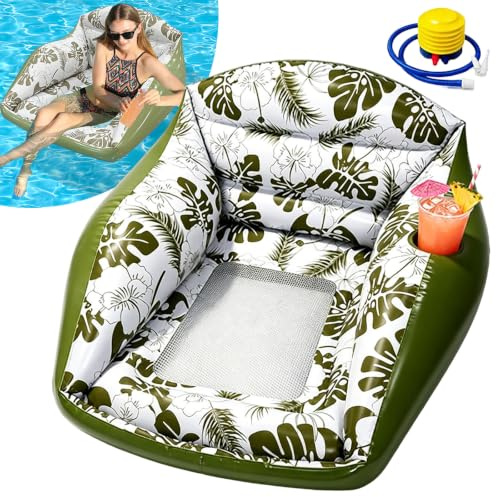 Inflatable 3-in-1 Lounge Chair Pool Float - Heavy Duty Inflatable Pool Lounge Chair with Mesh Seat & Cup Holder for Swimming Pool, Adult Water Floating Sofa for Lake Beach (Green with Foot Pump)